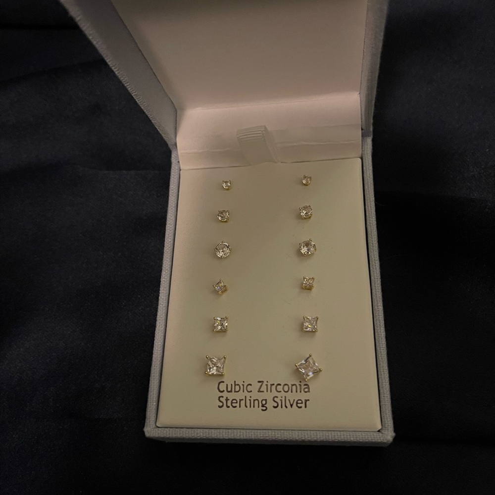 14k Gold Plated 925 Set of SIX PAIRS of CZ Studs